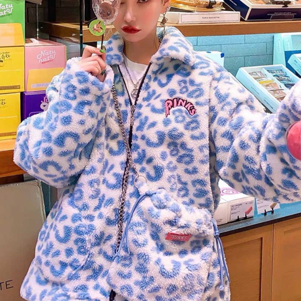Blue and white leopard lamb warm teddy bear jacket